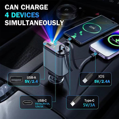 4 in 1 Car Charger with Starry Sky Spotlightretractable Car Charger with Charging Cable & 2Charging Ports, Universal Car Charger